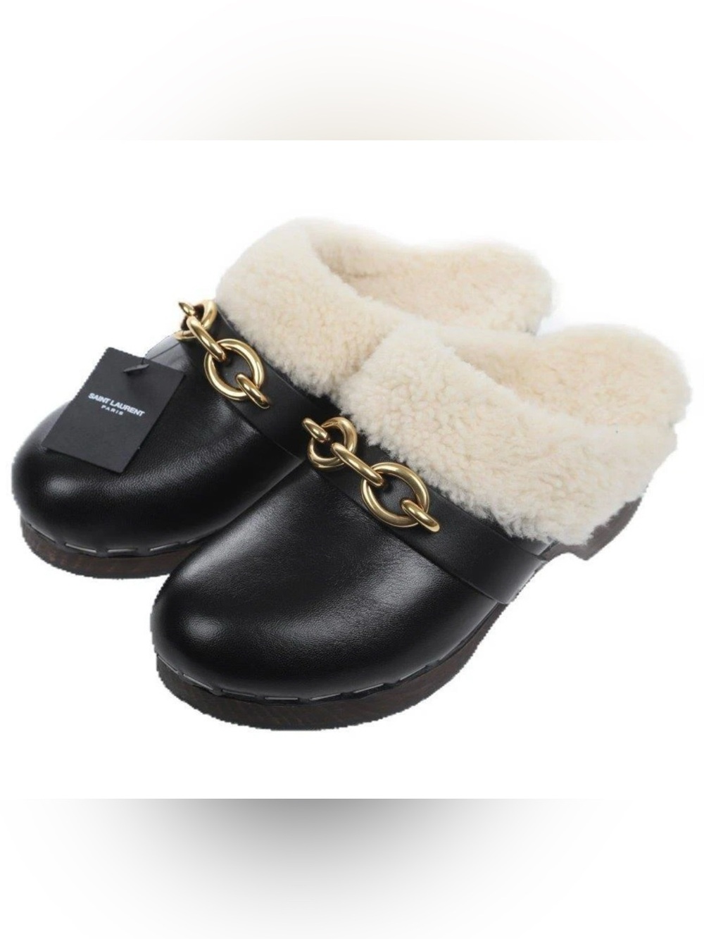 NEW YSL SAINT LAURENT BLACK LEATHER LAMB FUR LINED CLOGS SHOES 36 CHAIN DETAIL